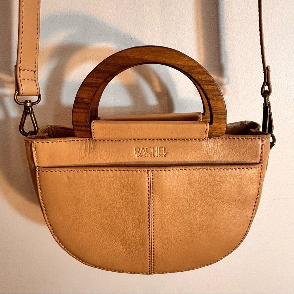 RACHEL ROY Tan Leather Crossbody Wooden Top Handle Zipper Closure Half Moon Bag